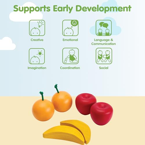 Image of PlanToys Wooden Fresh Produce Set Apples, Oranges & Bananas | Sliceable Montessori Pretend Play Food for Role Play, Fine Motor Skills & Imaginative Play | Eco Friendly Kitchen Toy