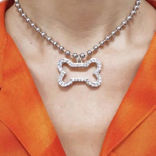 Punk Choker Y2k Sliver Gothic Choker For Women-Rhinestone Dog Bone Pendant Ball Chain Necklace2