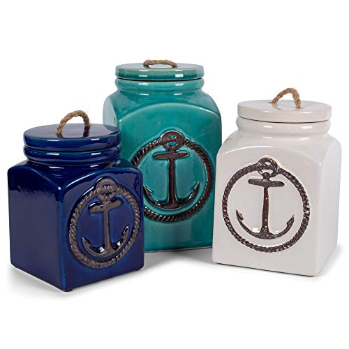Drew Derose Square Ocean Blue Nautical Anchor 8 X 6.5 Ceramic Decorative Tabletop Canister Set 3 #TOP2