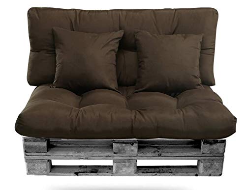 Conjunto de Cojines Palet (Asiento + Respaldo + 2 Cojines Decorativos) para palets. Cojín de Palets y de sillones de 2 plazas. Ideal para Interior y Exterior (Marrón)