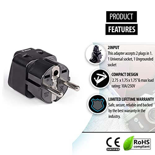 Image of OREI Europe Adapter Set - Schuko Type E /F, Type C - Universal to Europe Travel Adapter - 2 in 1 - CE Certified - RoHS Compliant - Works in Most of Europe, Albania, Austria, Belgium, Greece