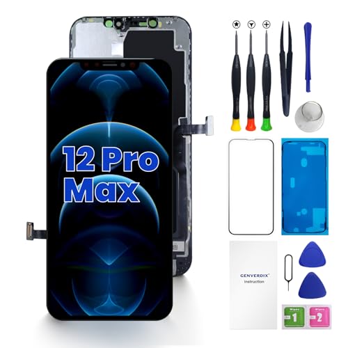 Genverdix for iPhone 12 Pro Max Screen Replacement 6.7 inch 3D Touch LCD Display Full HD Repair kit Digitizer Assembly with Tools Set Tempered Glass Screen Protector Waterproof Frame Adhesive