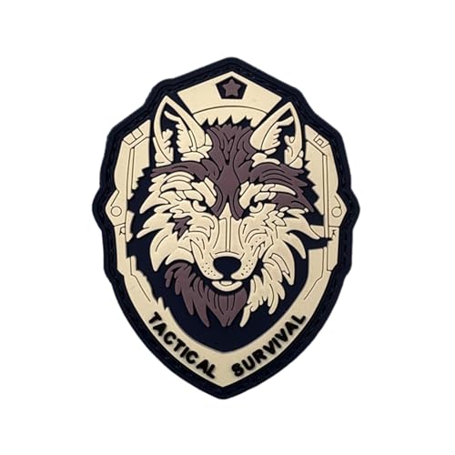Tactical Survival PVC Wolf Patch with Hook Fastener, Black White Gray Shield Design, 3.27x2.56 Inches, Night Light Feature (Wolf 2)