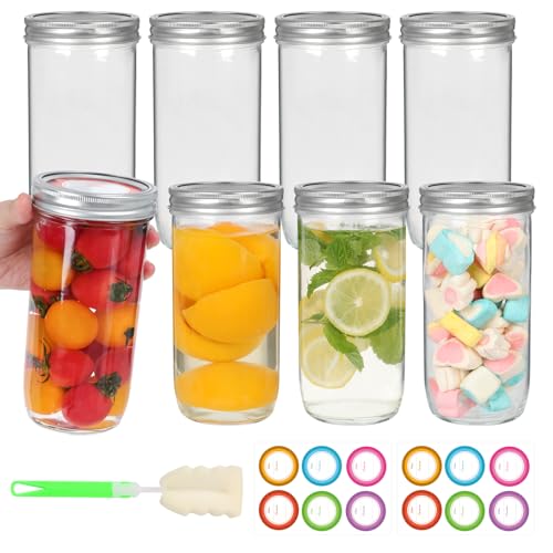 24 oz Wide Mouth Mason Jars 8 Pack, Glass Tall Mason Jars with Airtight Lids and Bands for Canning, Preserving, Fermenting, Pickling, DIY Projects