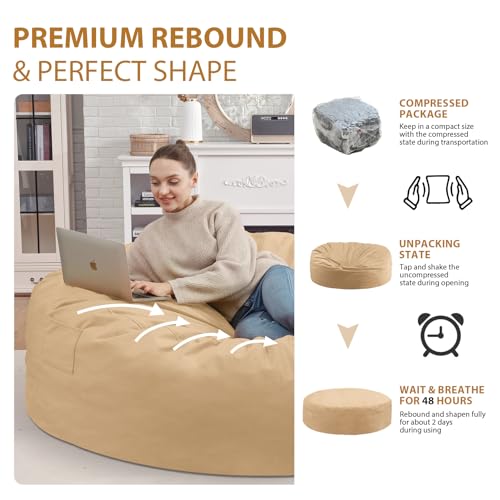 7FT Bean Bag Chair, Large Bean Bag Chairs with Memory Foam Filled, Fluffy Beanbag Sofa with Dutch Velvet Cover, Round BeanBag Chairs for Living Room, Playroom - Khaki