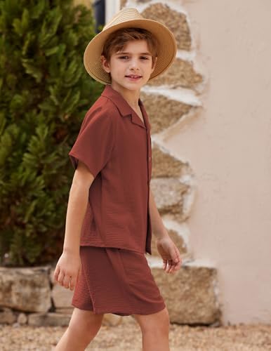 Image of Arshiner Boys 2 Pieces Summer Beach Outfits Short Sleeve Button Down Shirts and Shorts Vacation Texture Sets for Kids