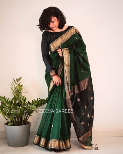 Image of ZECVA Women's Pure Soft Spun Cotton Lichi Silk Saree For Women With Attach Unstitch Blouse Piece
