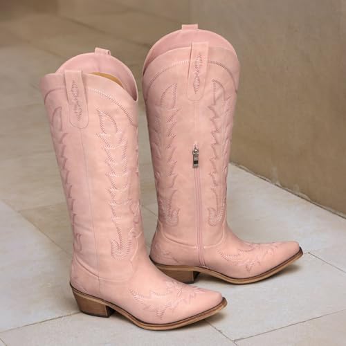 Image of Rivalran Cowboy Boots for Women - Knee High Pointed Toe Chunky Heel Pull On Zipper Western Cowgirl Boots, Retro Country Vintage Fashion Tall Boots