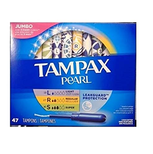 Tampax Pearl Plastic Tampons, Multipack, Light/Regular/Super Absorbency, 47 Count, Unscented