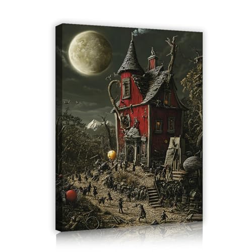 Toile château squelette coloré 45x60cm tableau horreur de pleine lune