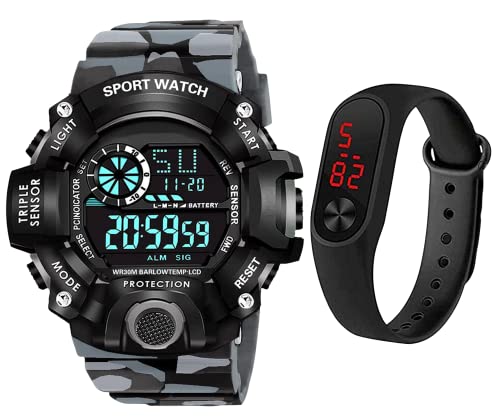 Image of Men's, Kid's Waterproof Shockproof Multi-Functional Automatic Digital Sports Wrist Watch with Led, Multicolour Strap - Pack of 2