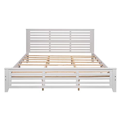 Softsea King Bed With Horizontal Strip Hollow Headboard And Footboard, Solid Wood Platform Bed Frame For Adults/Wood Slat Support/No Box Spring, Modern Bed Frame For Bedroom,White #TOP4