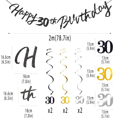 Image of 30th Birthday Decorations for Boys Swirls Streamers Set, Hanging Vortex Happy 30th Birthday Banner for Girls, Black and Gold 30 Birthday Decor Party Bunting