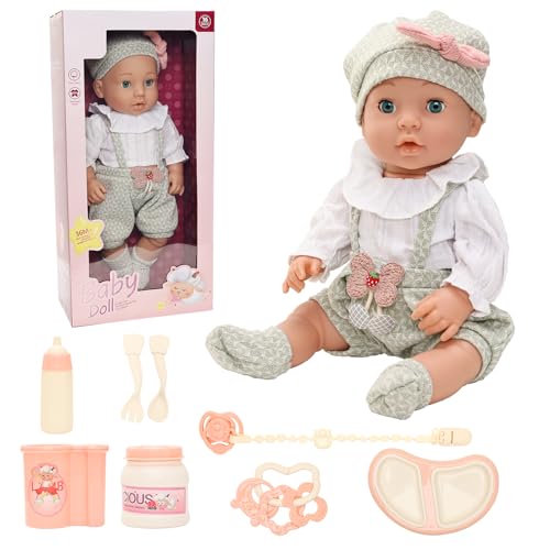 Miunana Babypuppe 40 cm Puppe in süßer Puppenkleidung Niedliches Outfit Hut Socken, ohne Haare 16 Zoll Puppen mit Schnuller Besteck Spielzeug Zubehör für Kinder ab 3 Jahren