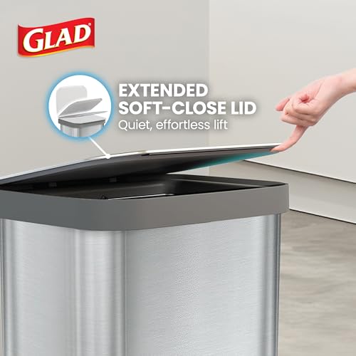 Image of Glad Stainless Steel Step Trash Can, Series 2 with Clorox Protection - Large Metal Kitchen Garbage Bin with Soft Close Lid, Foot Pedal and Waste Bag Roll Holder, 13 Gallon