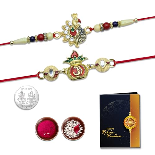 Image of Oblivion Stone Set Peacock and Kalash Rakhi Set of 2 for Brother with Silver Colour Pooja Coin, Tilak Set and Greeting Card for Raksha Bandhan
