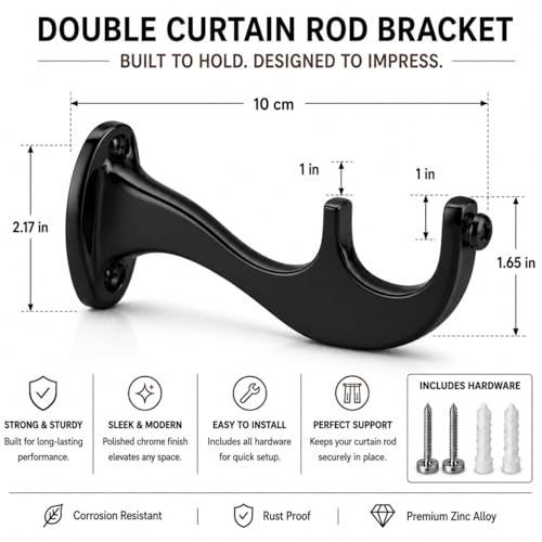 Image of Elite Aluminum Curtain Rod Brackets - Heavy-Duty Wall Mount Clamps for Curtain Rod Support for Door and Window Curtain Rods with Screw and Wall Plug - Pack of 2PCS (Royal Black)