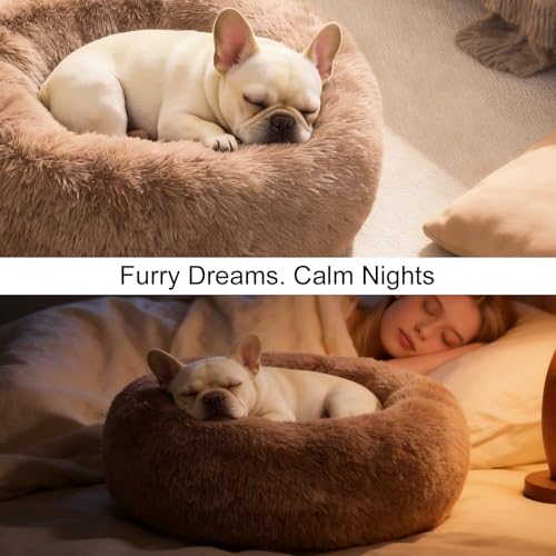 Image of Dog Calming Beds for Large Dogs Round Donut Washable Large Sized Dog Bed | Anti-Slip Faux Fur Fluffy Donut Cuddle Anxiety Pet Bed Up to 95 Lbs(36 inch Khaki)