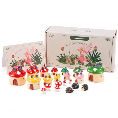 Verdantvibes Fairy Garden Kit – 23-Piece Miniature Fairy Garden Accessories Set (18 Mushrooms, 3 Hedgehogs) with Gift Box & Card – Miniature Fairy Garden Decor for Indoor & Outdoor DIY