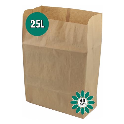 25 Litre x 40 Paper Compostable Bags Kitchen Caddy Liners - Food Waste Bin Liners - EcoSack 25L Biodegradable Bags with Composting Guide