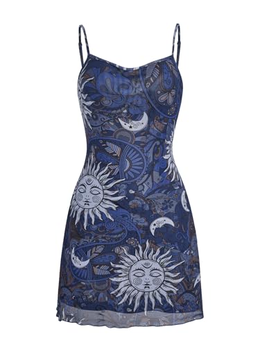 Image of Milumia Women's Summer Mini Dress 90s Boho A Line Mesh Short Dresses | Spaghetti Strap,Sleeveless,Vintage,Paisley Print,Festival Outfits,Cowgirl,Y2k,Goth,