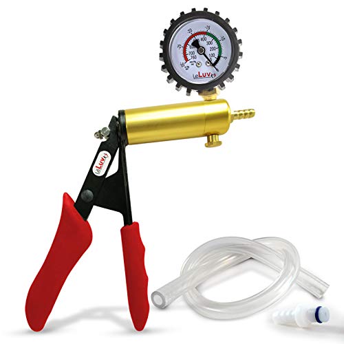 LeLuv Ultima Red Vacuum Pump - Aluminum Alloy &amp; Brass Handle Manual Hand Vacuum (0-30 Hg, 0-760 mmHg), Gauge Installed with Protective Rubber Cover, Silicone Padded Grips with Clear Hose &amp; Fitting