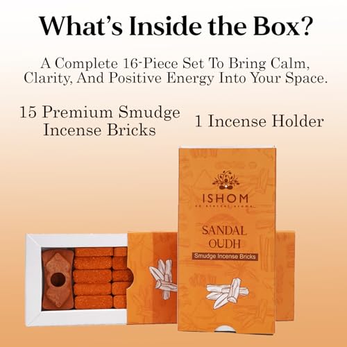 Image of Sandal Oudh Smudge Incense 15 Bricks with Holder Combo Pack, Pure Sandalwood Powder and Oudh Oil, Long Lasting Aroma for Prayer, Meditation, Relaxation & Aromatherapy