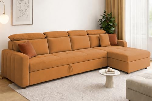 Image of Casaliving Gagnon RHS 6 Seater L Shape Corner Sofa Cum Bed for Living Room (Orange Fabric) Premium Fabric Sofa