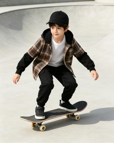 Image of 2Pcs Kids Boys Flannel Plaid Shirt Tops Pants Set Hoodie Sweatsuit for Fall Winter Spring Outfits 4-12 Years