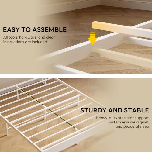 Image of LIKIMIO Queen Bed Frames, PU Leather Storage Headboard with Charging Station, Solid and Stable, Noise Free, No Box Spring Needed, Easy Assembly, White