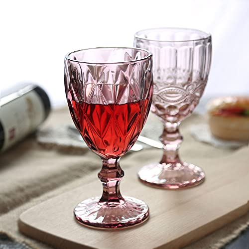Soujoy Set Of 6 Colored Wine Glasses, 10Oz Vintage Glass Goblet With Stem, Romantic Diamond Pattern Embossed Drinkware For Party, Wedding #TOP5