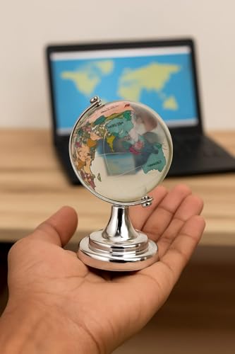 Image of Luxury Crystal Globee with Silver Stand- Elegant World Globe for Desk or Office Decor, Modern Decorative Glass Globe with Etched Continents (Colourful Globe Medium, Medium)