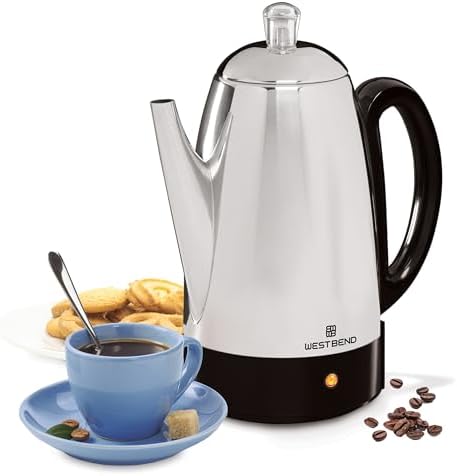 West Bend Electric Percolator Classic Style Coffee Maker with Heat Resistant Handle Base and Detachable Cord with Stainless Steel Stem and Basket, 12-Cup, Silver