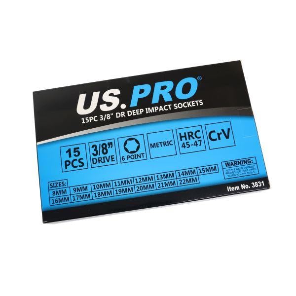 US PRO Narzędzia 15 szt. 3/8" DR 6PT zestaw nasadek głębokiego udaru metryczny 8-22 mm 3831
