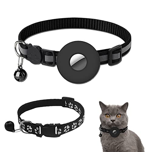 Collar de Gato Airtag con Hebilla de Seguridad y Campana, Collar de una Campana Gratis, rastreador de Collar de Perro y Gato Ajustable, Compatible con Apple Airtag, para Cachorros, Gatitos (Negro) Cover