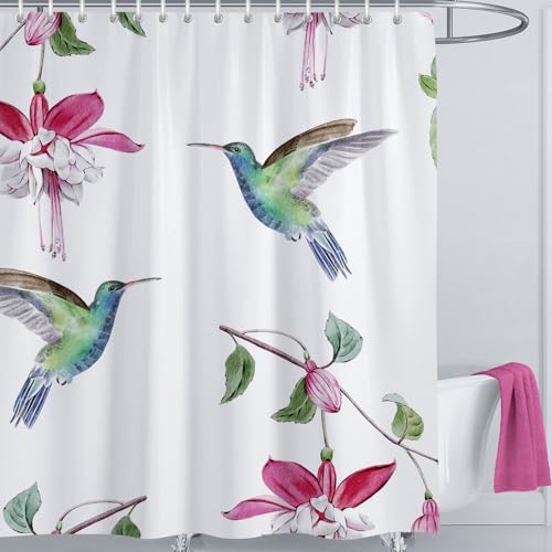 LIVETTY Birds Shower Curtain White 180 x 180 cm Bathroom Shower Curtains Floral Polyester Fabric Bath Curtains with 12 Hooks Washable Quick-Drying