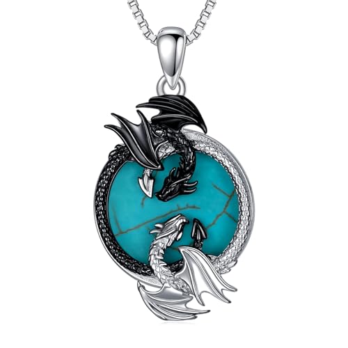 Natural Turquoise Dragon Necklace for Women 925 Sterling Silver Two Dragon Pendant with Genuine Turquoise Jewelry Gifts