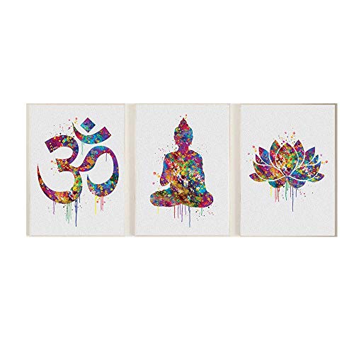 Yoga Affiche Moderne Abstrait Bouddha Ohm Fleur De Lotus Symbole Murale Art Toile Tableau Peinture Bouddhisme Tableaux pour Salon Decoration 40x60cmx3 Pas De Cadre Cover