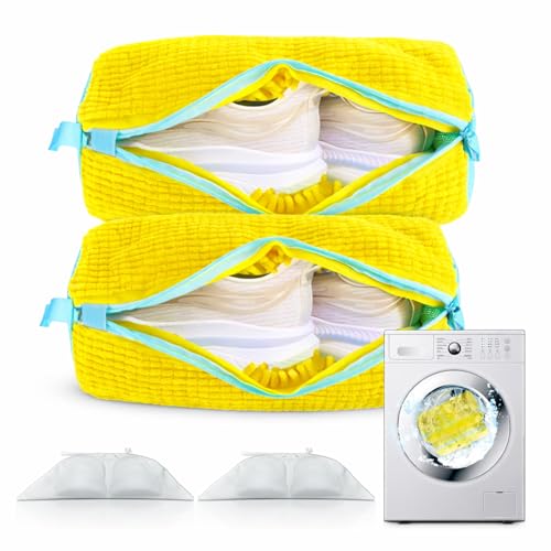 CNEYSID Shoe Washing Machine Bag, 2 Pack – Reusable, Fits All Shoe Types, 360° Deep Cleaning with Self-Locking Zipper, Wash Two Pairs at Once, Protects Shoes and Washing Machines(Yellow)
