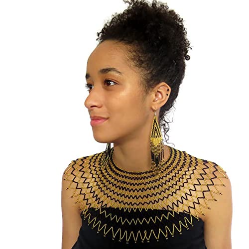 Traditional African Zulu wedding bib necklace beaded, oversized necklace, statement piece, gift for her â€“ Black and gold