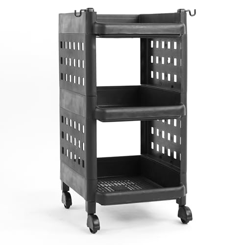 Image of ADA Plastic Premium Multipurpose Storage Rack Organizer with Wheels & Hooks for Living Room,Office,Bedroom,Bathroom,Kids Room Modern Onion Potato Rack for Kitchen Trolley Cart Stand (Black-3 Layer)
