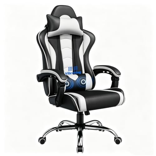 Yaheetech Sedia Gaming Ergonomica Massaggiante Reclinabile con Poggiatesta e Supporto Lombare Braccioli Imbottiti in Finta Pelle, Poltrona Gamer da Scrivania con Ruote Girevole Bianco