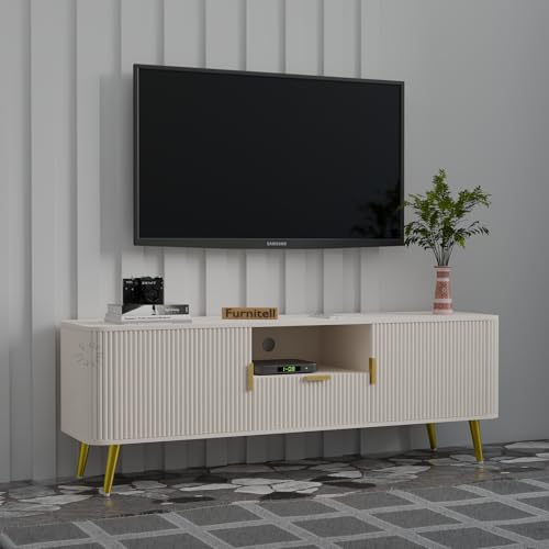 Image of Luxury 60 Inch TV Unit for Living Room, Modern White HDMR Wood TV Cabinet for 55-75 Inch TV, Entertainment Console Table with 1 Drawer, 2 Doors & Open Shelf Storage (Iron Legs)