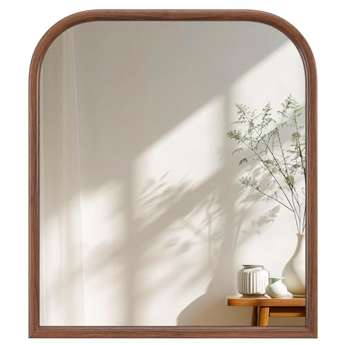 Image of 28 inchx32 inch Arch Wall Mirror for Wall, Wall Mounted Vanity Mirror for Bedroom, Wood Grain Finish Frame Mirror with Tempered Glass, Vintage Decorative for Bathroom, Entryway, Living Room, Walnut