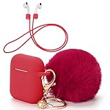 OOTSR Funda Protectora con Lindo Llavero Pompom Ball, Compatible con Apple AirPods Estuche de Carga, Cubierta Protectora de Silicona y Correa Anti-perdida para Apple AirPods como Regalos(Rojo)