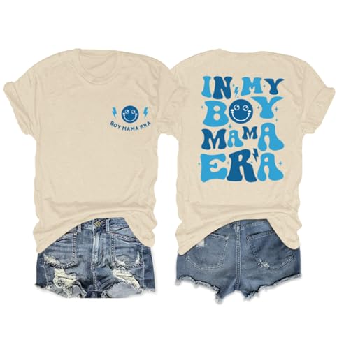 Sulayesh in My Boy Mom Era Shirt Mama Graphic Tees for Women Mother's Day Tshirt Gift Casual Funny Cute Letter Print Tops(Apricot,S)