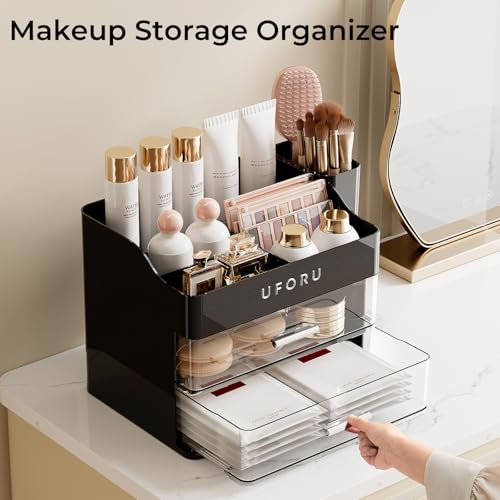 Image of UFORU Makeup Organizer for Vanity with Brush Holder, Countertop Skincare Organizer with 2 Drawers, Spacious Cosmetic Display Case for Perfumes, Cologne, Shaving Lotion