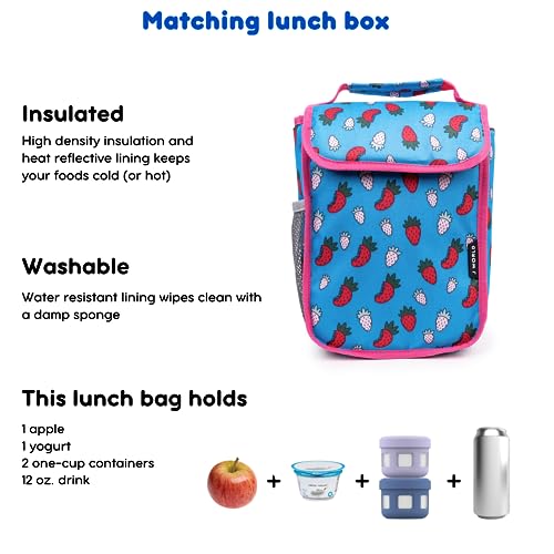 Image of J World Lollipop Kids Rolling Backpack & Lunch Bag Set for Elementary School. Carry-On Suitcase with Wheels, Strawberry