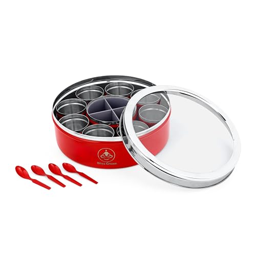 Image of 12-in-1 Stainless Steel Spice Box (Royal Red) | Masala Dabba with 8 Containers + 1 Divider (4 Sections) + 3 Spoons | Airtight Kitchen Organizer, Traditional Look