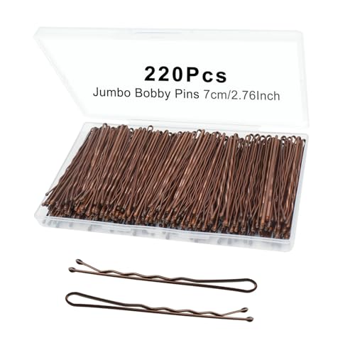 YINGFENG 220pcs 2.76 Inch Large Brown Bobby Pins for Women Jumbo Long Pins with Box Reusable Non Slip Big Pins Great For Thick Hair